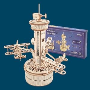 ROKR 3D Wooden Puzzle for Adults Airplane Control Tower Mechanical Music Box NWT
